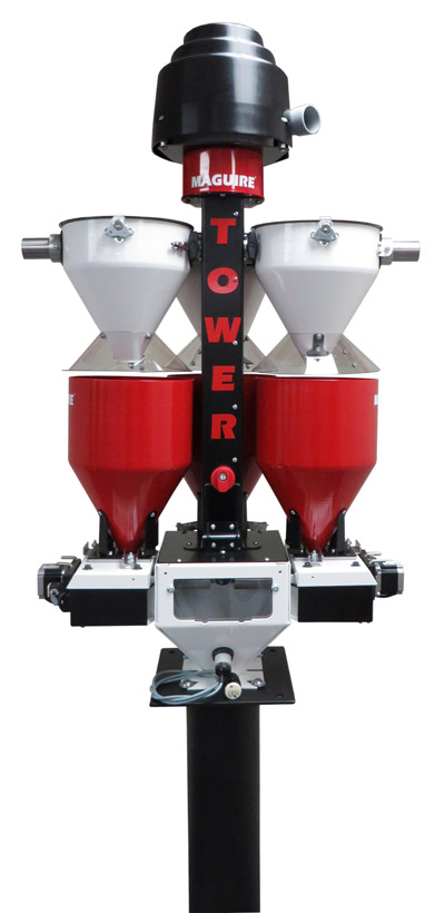 MMT™ Micro Tower. Компоненты установки MMT™ Micro Tower компании Maguire® включают в себя (сверху вниз) двигатель нагнетателя и систему загрузки, три приемника для материалов (белые), три бункера весовых питателей (красные) и емкость с датчиком уровня и фланцем для монтажа на горловине экструдера