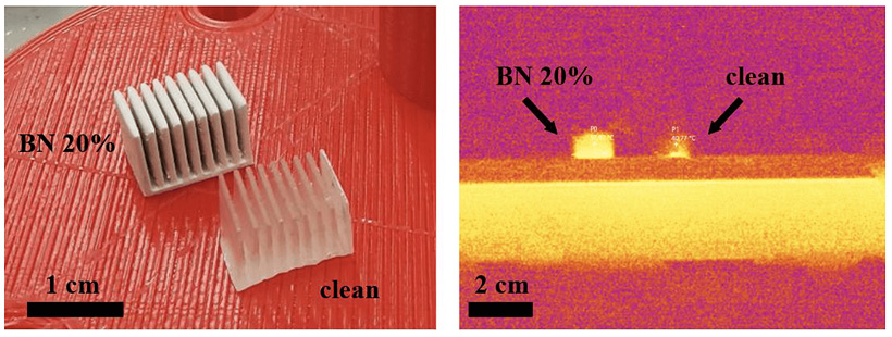 Деталь из чистого фотополимера (clean) и фотополимера с добавлением 20 об. % нитрида бора (BN). Слева — обычная фотография, справа — фотография, сделанная с использованием тепловизора. Наполнение фотополимера приводит к эффективному рассеиванию тепла, что