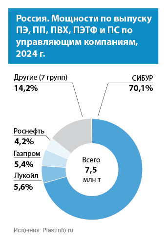 Россия. Мощности по выпуску ПЭ, ПП, ПВХ, ПЭТФ и ПС по управляющим компаниям, 2024 г.