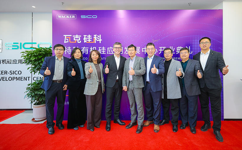 Лоран Морино, руководитель бизнес-подразделения WACKER по энергетике и промышленности в подразделении силиконов, Кевин Ку, генеральный директор SICO Performance Materials (четвертый и пятый слева), на открытии Центра разработки приложений WACKER SICO в Цз