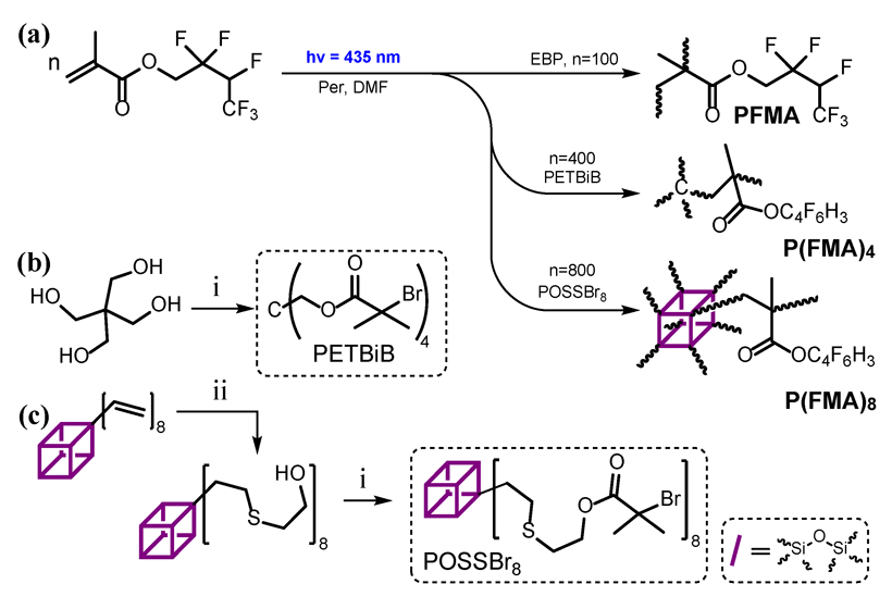 Синтез фторированных полимеров PFMA, P(FMA)4 и P(FMA)8 (a) и тетрафункциональных (PETBiB) (b) и октафункциональных (POSSBr8) инициаторов (c). Условия: i — избыток 2-бромизобутирилбромида, ТЭА, ТГФ, 0–40 °C; ii — избыток 2-меркаптоэтанола, дибутилфталат, Т