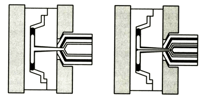 Схема двухканального и трехканального соинжекционного литья